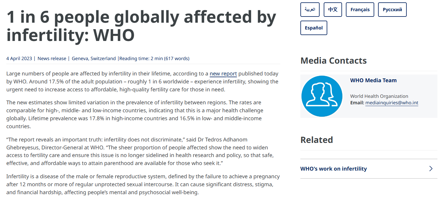 WHO report: 1 in 6 people globally affected by infertility